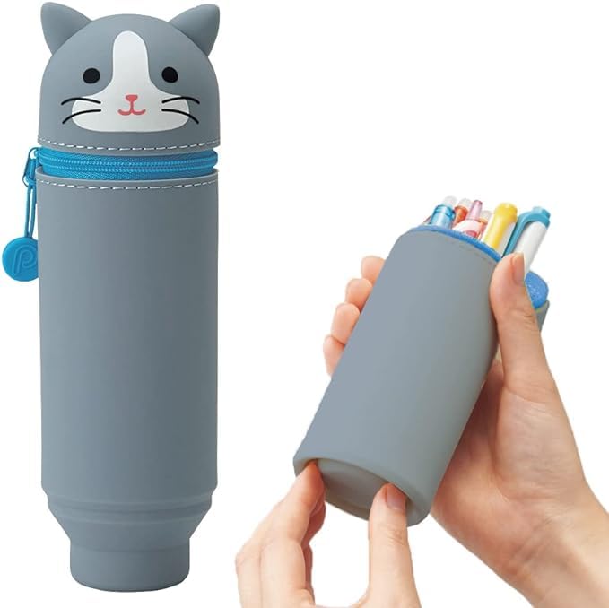 LIHIT LAB Kawaii Japanese Gray Cat Stand Up Pencil Case For School Office College, Cute School Supplies, Animal Pen Holder Pouch Holder Teen Girls Artists, Travel Cosmetics Storage (A7712-4) - Image 2